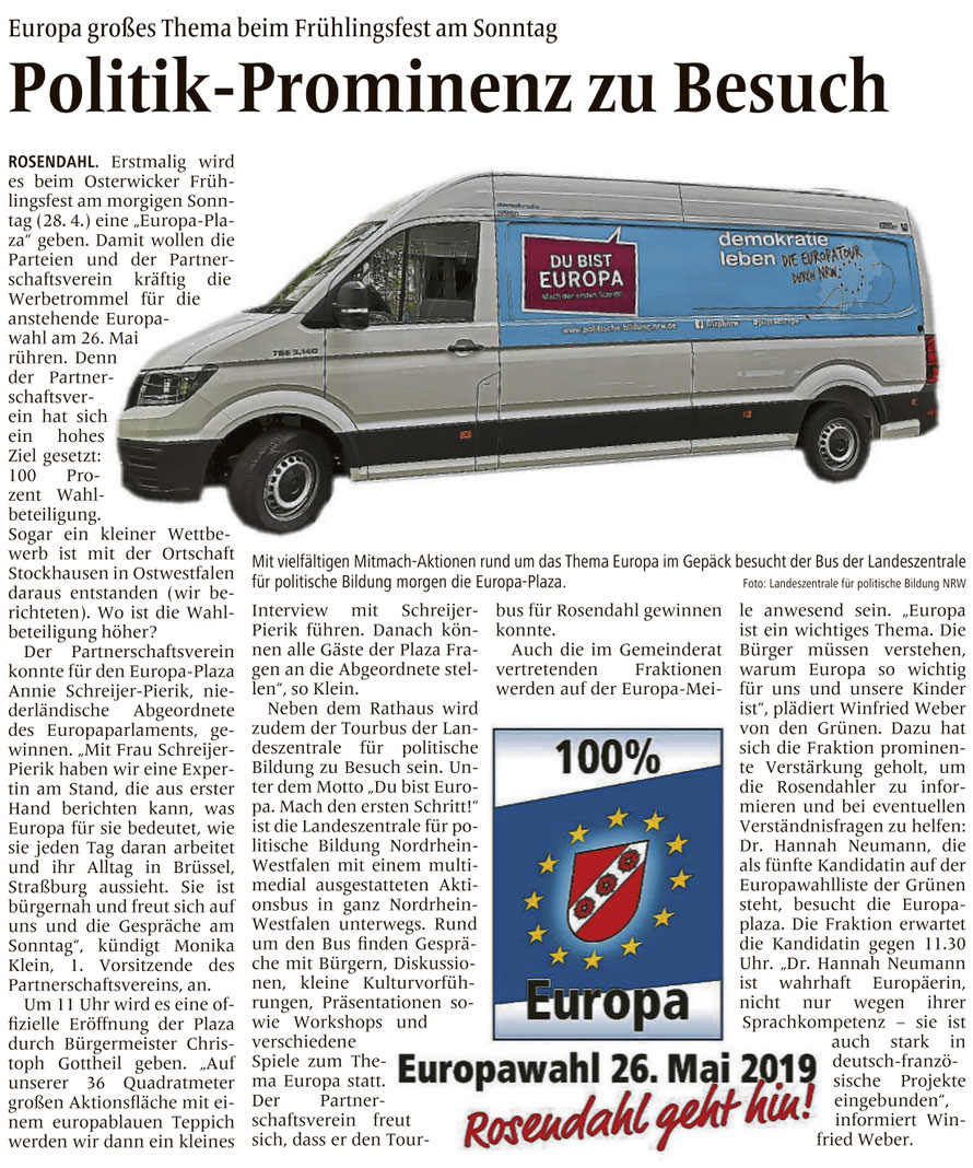 Vorbericht zum Osterwicker Frühlingsfest (unserer 'Konkurrenz' in Sachen Europawahlbeteiligung) (Allgemeine Zeitung (= Billerbecker Anzeiger / Gescherer Zeitung), Lokalteil Rosendahl, 27.04.2019)