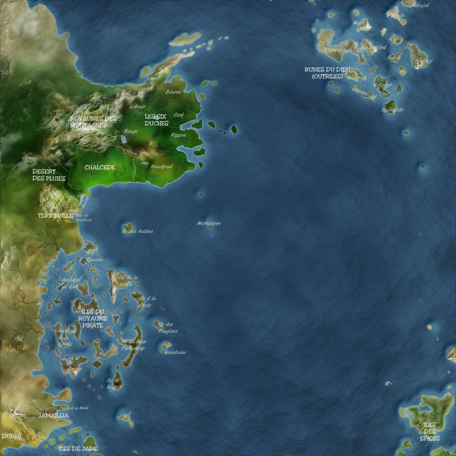 Enfin une carte en français de l'univers de Robin Hobb très bien réalisée, avec toutefois quelques erreurs : les Îles des Épices à la place de Clerres, l'île des Autres au nord au lieu d'être au sud. La source https://chroniques-sixduches.forumactif.com/ 