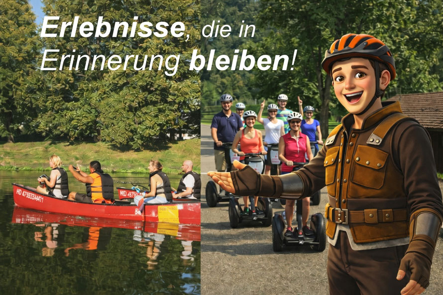 Gruppe bei Segway- und Kanu-Tour in Bad Mergentheim mit Götzi Maskottchen