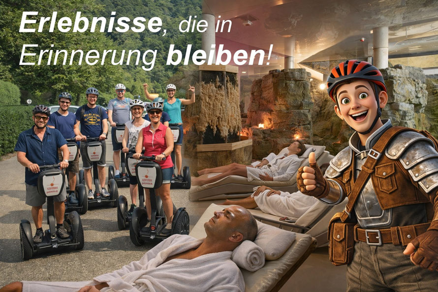 Gruppe bei Segway-Tour mit Wellnesshotel und Spa-Erlebnis in Langenburg mit Götzi Maskottchen