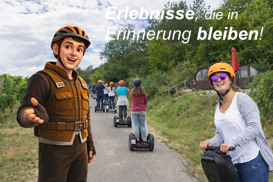 Gruppe bei Segway-Tour in Bad Mergentheim mit Götzi Maskottchen