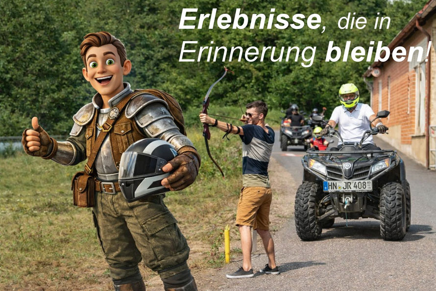 Teilnehmer bei Quad-Tour mit Bogenschießen in Möckmühl mit Götzi Maskottchen