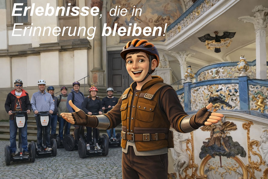 Gruppe bei Segway-Tour mit Führung im Kloster Schöntal und Götzi Maskottchen