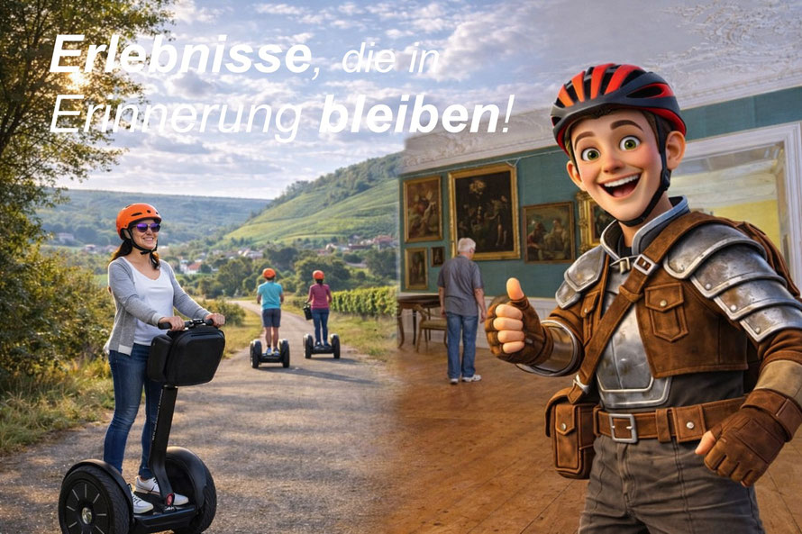 Gruppe bei Segway-Tour in Weikersheim mit Schlossführung und Götzi Maskottchen