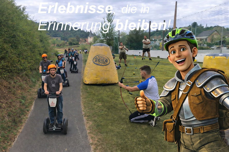 Gruppe bei Segway-Tour und Arrow-Tag in Möckmühl mit Götzi Maskottchen