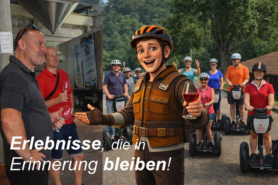 Gruppe bei Segway-Tour mit Weinprobe in Markelsheim mit Götzi Maskottchen