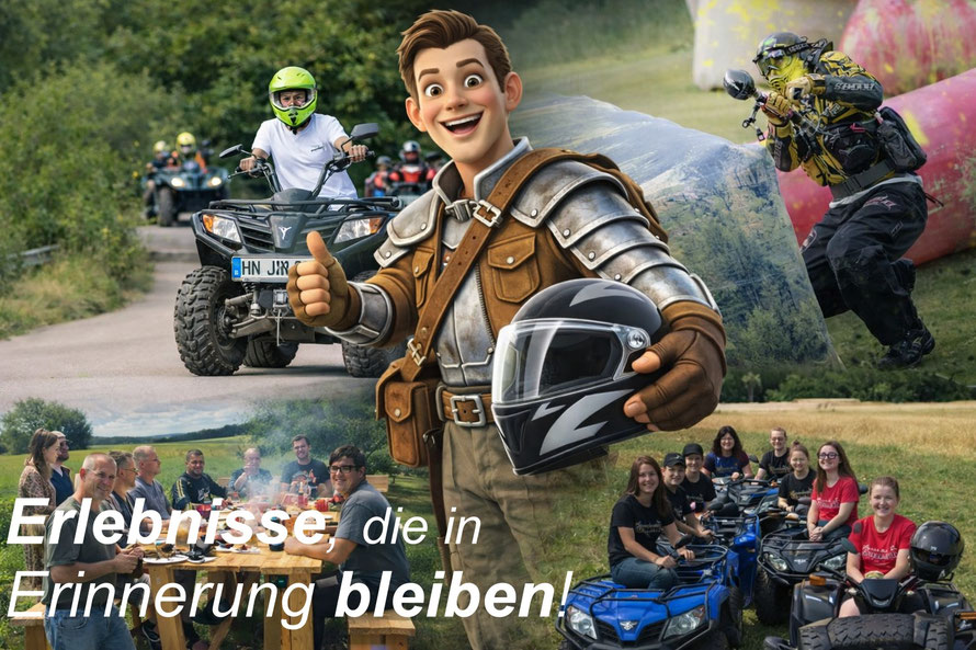 Gruppe bei Quad-Tour mit Paintball und BBQ in Möckmühl mit Götzi Maskottchen