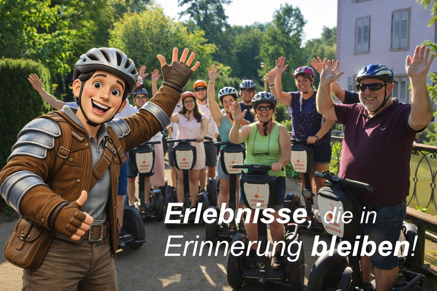 Gruppe bei geführter Segway-Tour in Heilbronn mit Götzi Maskottchen