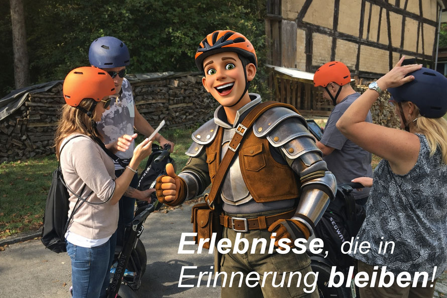 Gruppe bei Segway-Tour Schnitzeljagd in Möckmühl mit Tablet und Götzi Maskottchen