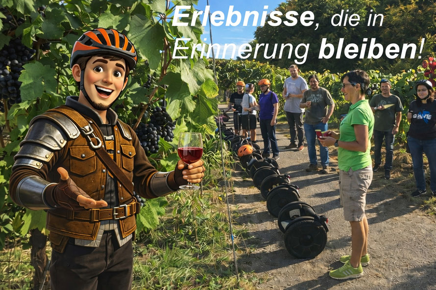 Gruppe bei Segway-Tour in Heilbronner Weinbergen mit Weinglas und Götzi Maskottchen