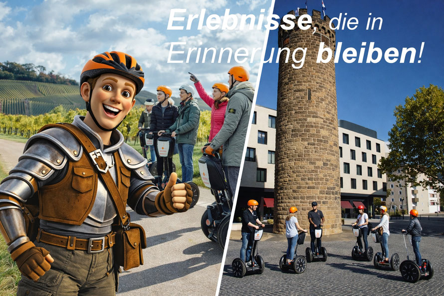 Gruppe bei geführter Segway-Tour in Heilbronn am Wartberg mit Weinbergen und Götzi Maskottchen