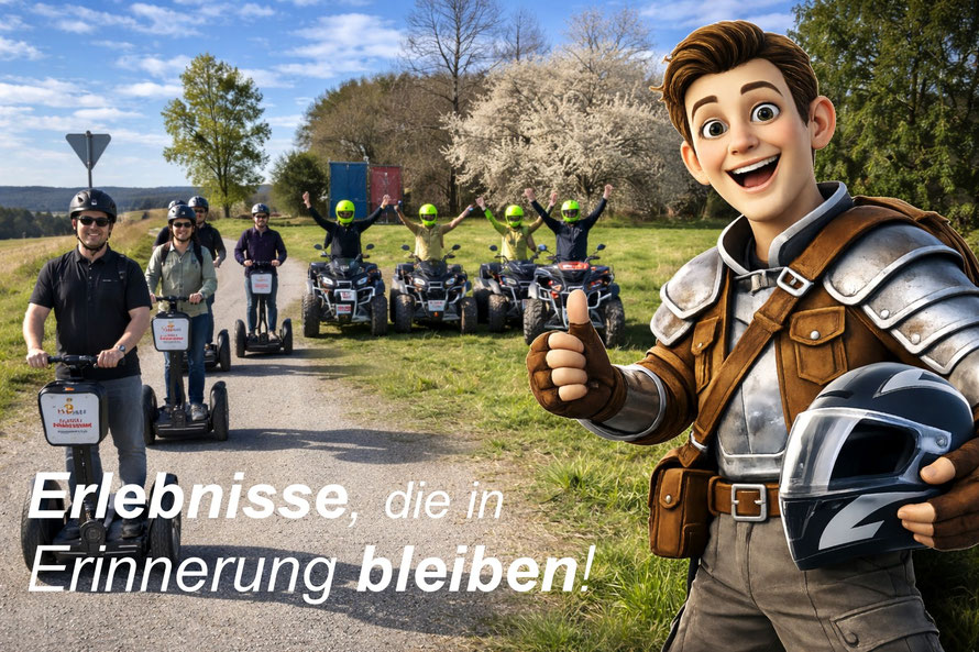 Gruppe mit Segways und Quads in Möckmühl mit Götzi Maskottchen