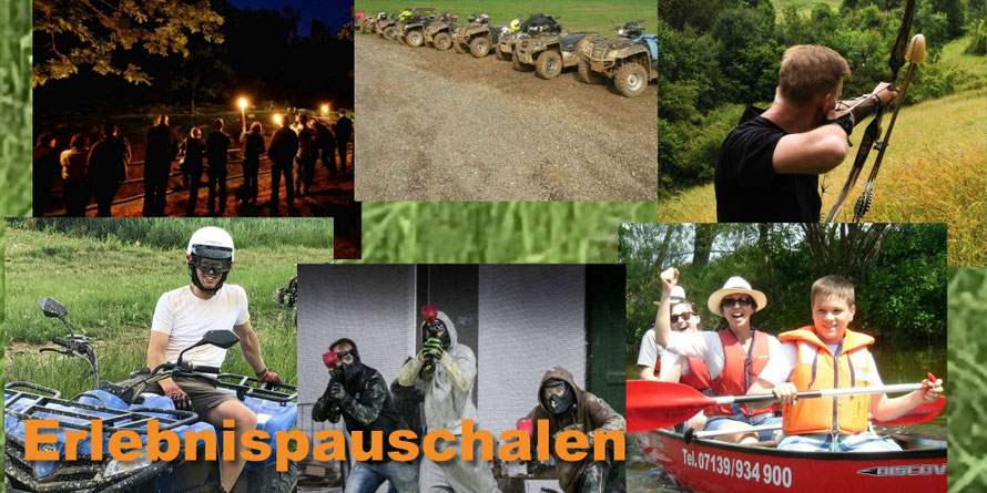 Collage mit Fackelwanderung, Quad-Tour, Bogenschießen, Segway und Kanufahrt für Erlebnispauschalen