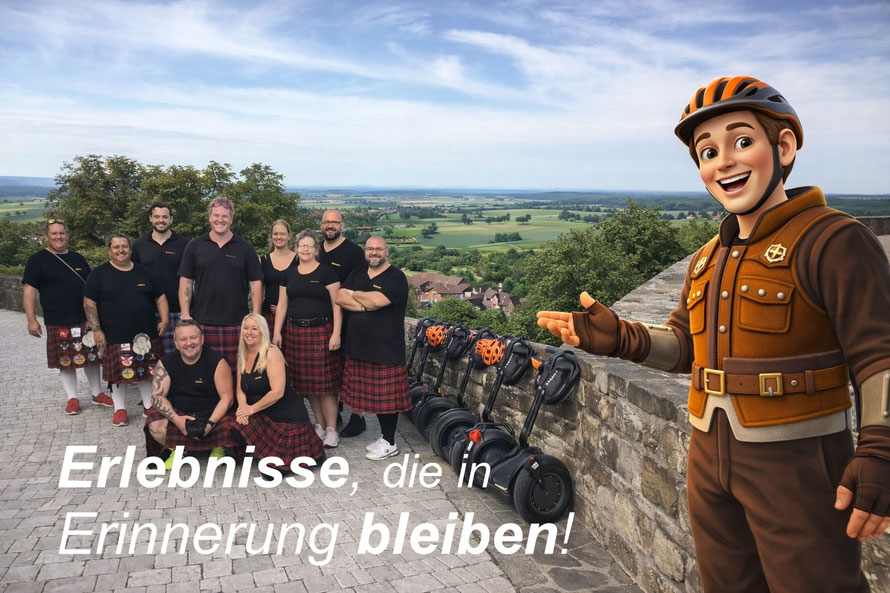 Gruppe bei Segway-Tour auf Burg Steinsberg bei Sinsheim mit Götzi Maskottchen