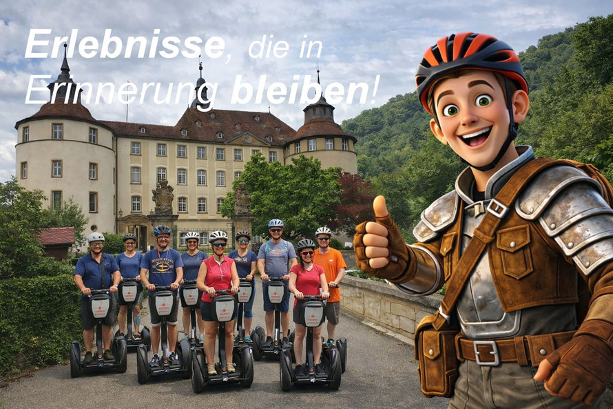 Gruppe bei Segway-Tour in Langenburg vor Schloss Langenburg mit Götzi Maskottchen