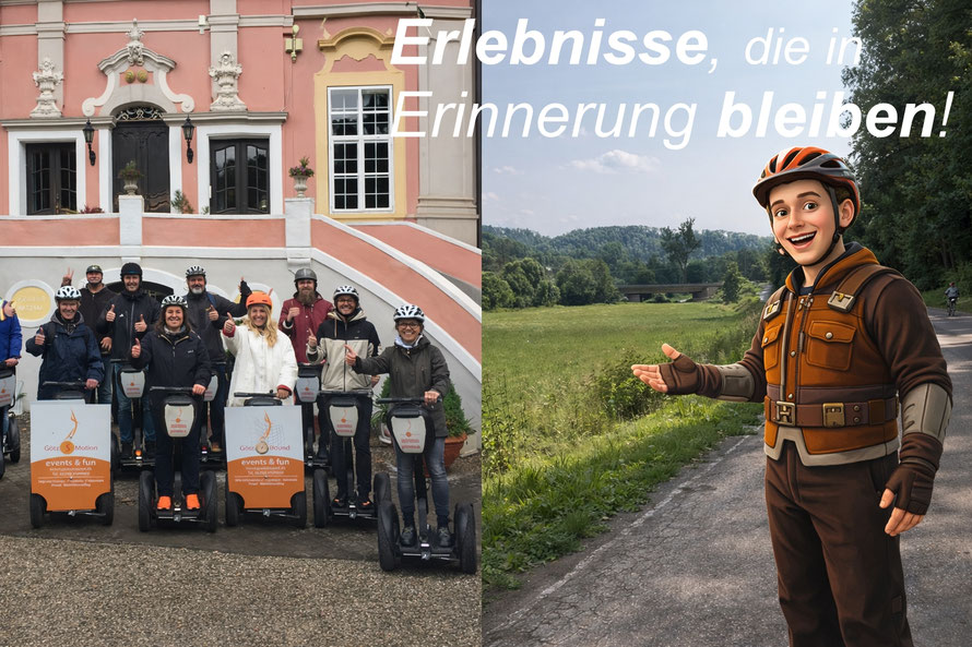 Gruppe bei Segway-Tour in Möckmühl vor Schloss Assumstadt mit Götzi Maskottchen