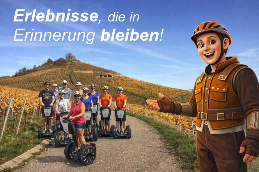 Gruppe bei Segway-Tour am Scheuerberg in Neckarsulm mit Weinbergen und Götzi Maskottchen