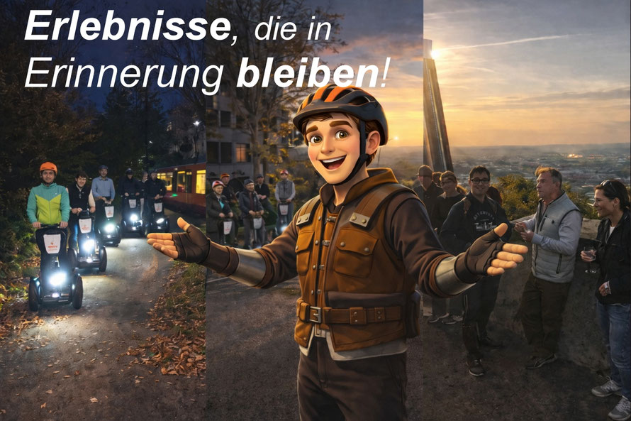 Gruppe bei Segway-Tour in Heilbronn am Abend mit beleuchteter Skyline und Götzi Maskottchen