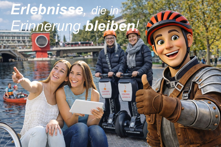 Gruppe bei Stadt-Land-Fluss-Tour in Heilbronn mit Segway, Kanu und Götzi Maskottchen
