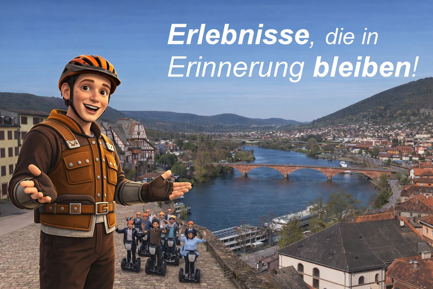 Gruppe bei Segway-Tour in Miltenberg mit Panorama über Main und Altstadt mit Götzi Maskottchen