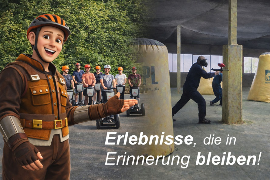 Gruppe bei Segway-Tour und Paintball in Möckmühl mit Götzi Maskottchen