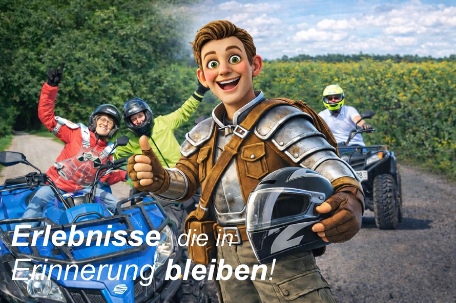 Teilnehmer bei Quad Schnupper-Tour in Möckmühl mit Götzi Maskottchen