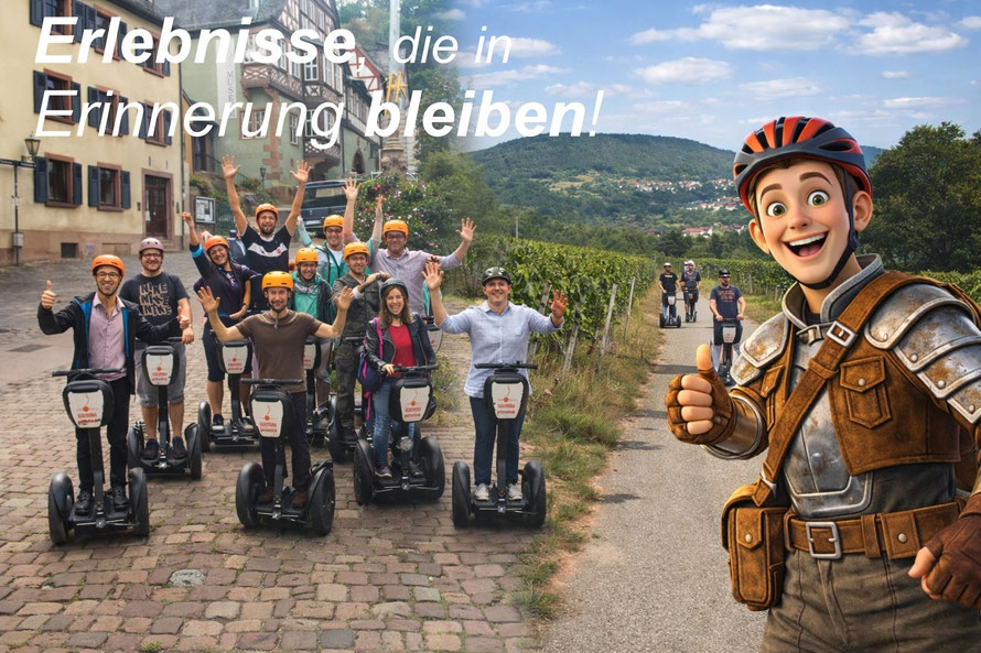 Gruppe bei Segway-Tour in Miltenberg mit Weinbergen und Götzi Maskottchen
