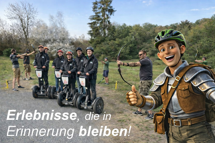 Gruppe bei Segway-Tour und Bogenschießen in Sinsheim mit Götzi Maskottchen