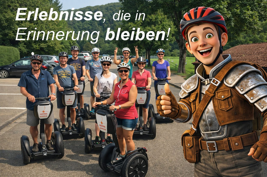 Gruppe bei Segway-Tour in Mosbach mit Götzi Maskottchen