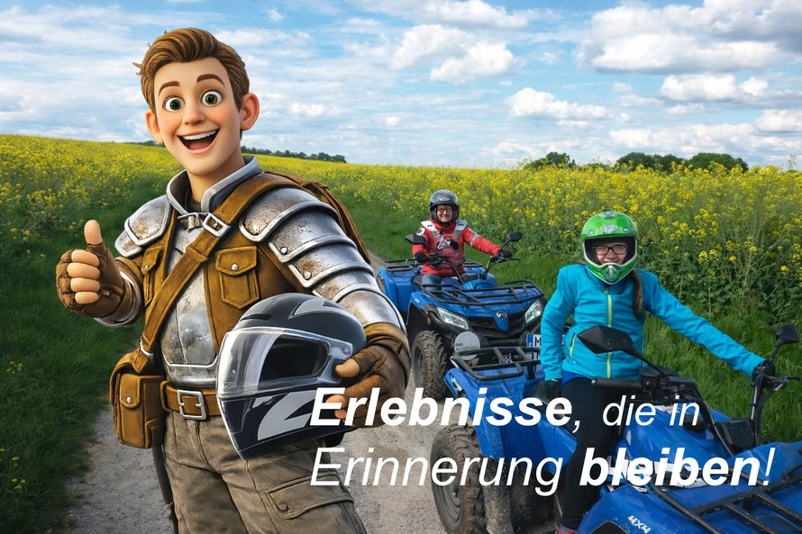 Teilnehmer bei 4 Stunden Quadtour in Möckmühl mit Götzi Maskottchen
