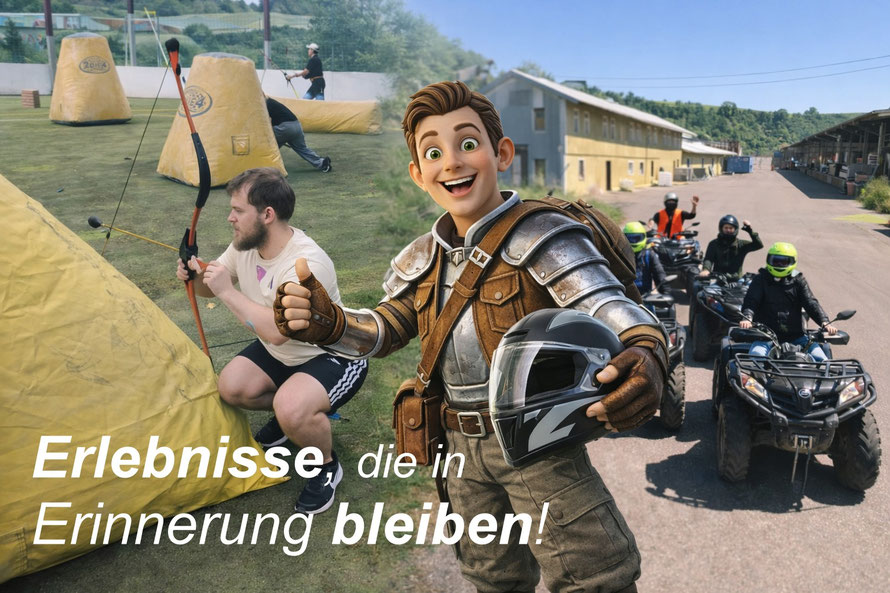 Teilnehmer bei Quad-Tour mit Arrow-Tag in Möckmühl mit Götzi Maskottchen