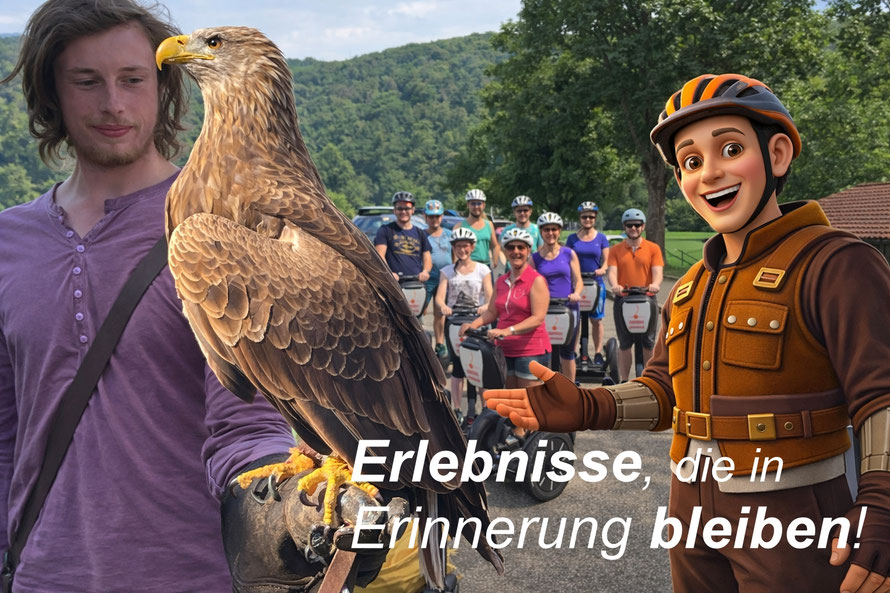 Gruppe bei Segway-Tour an Burg Guttenberg mit Greifvogel und Götzi Maskottchen