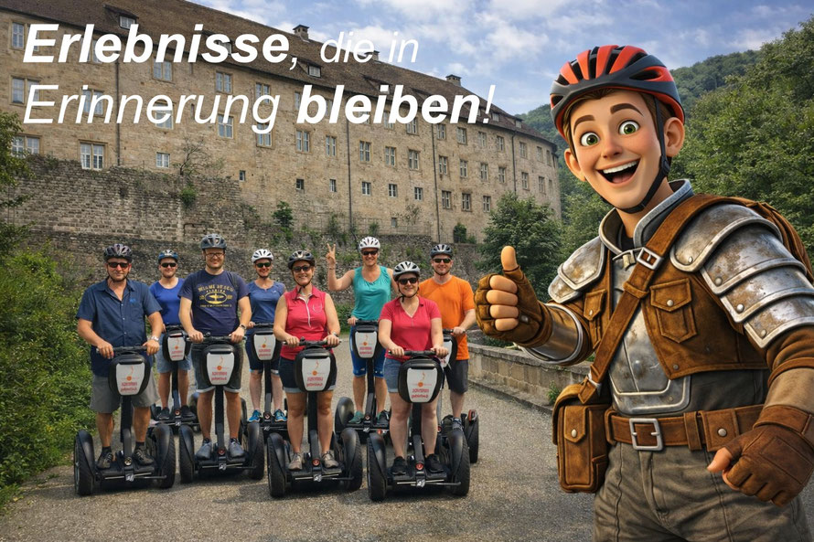 Gruppe bei Segway-Tour vor Schloss Langenburg mit Götzi Maskottchen
