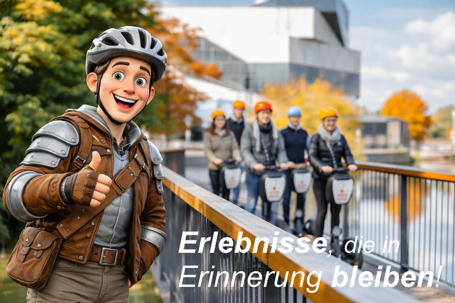 Gruppe bei geführter Segway-Tour in Heilbronn Innenstadt mit Götzi Maskottchen