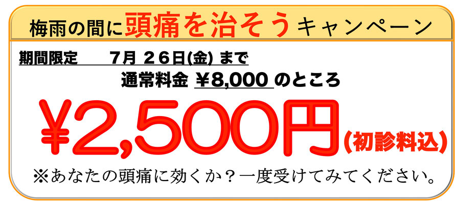 頭痛を治して新たなスタートキャンペーン。初回２５００円。あなたの頭痛に効くか？一度受けてみてください。愛知県東海市の頭痛専門みらくる整体院。