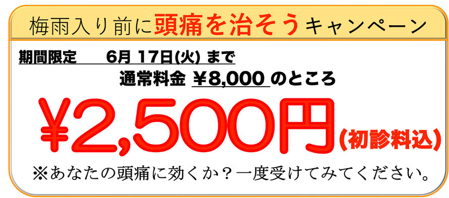 頭痛を治して明日は笑顔キャンペーン。初回限定２５００円。あなたの頭痛に効くか？一度受けてみてください。愛知県東海市の頭痛専門みらくる整体院。