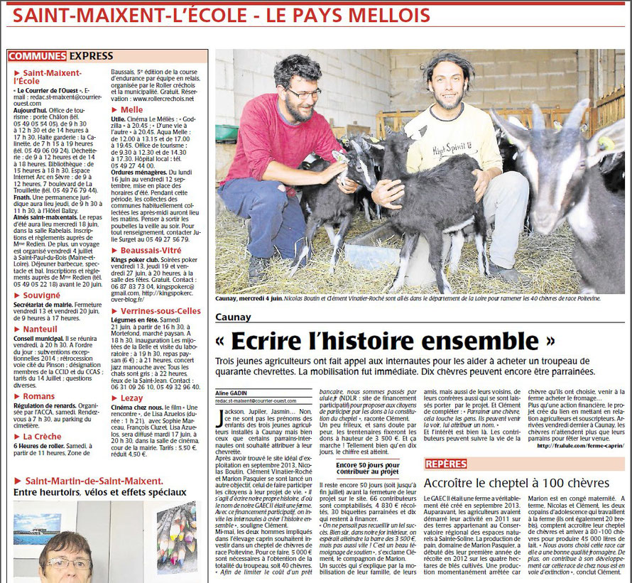 L'article du COURRIER de L'OUEST du mardi 10 juin 2014