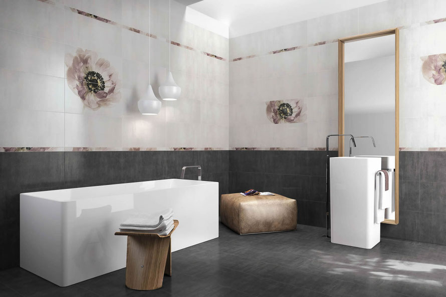 Collezione Infinito in gres disponibile in quattro colori nell'unico formato 30x60. In aggiunta il decoro e il listello coordinato papaveri.
