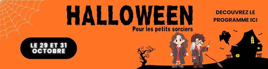 Bannière orange avec des sorciers et écrit : Halloween pour les petits sociers. Il faut cliquer dessus plus accéder au programme des animations. Halloween 2025 au Centre Commercial Moléon à Lagon