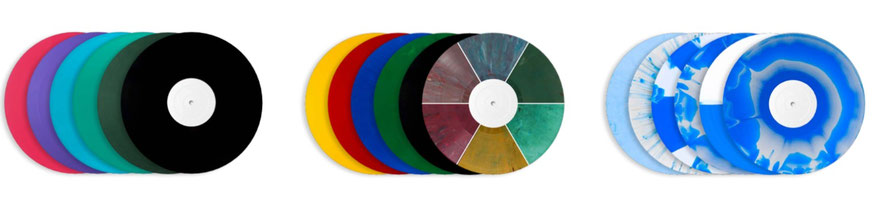Beispielhafte Farbvarianten von bunten Vinyl-Schallplatten (Foto: Auszug aus dem Produktkatalog der "Optimal:Media")