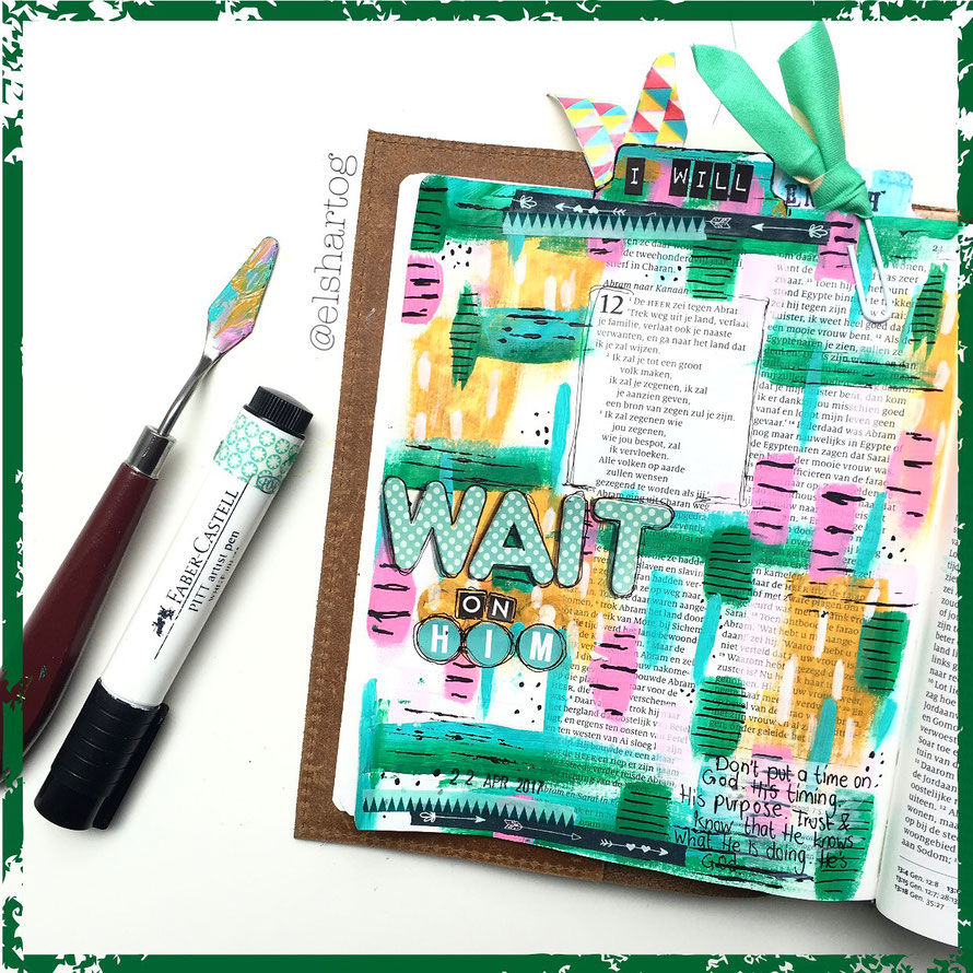 Biblejournaling voorbeeld Spreuken 11:28 "wait on Him", "wacht op Hem"