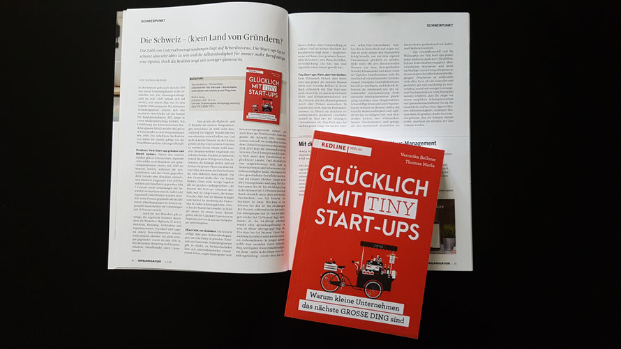 Bericht im ORGANISATOR über das Buch «Glücklich mit Tiny Start-ups», Bellone/Matla, Redline Verlag 2019 © Bellone Franchise Consulting GmbH