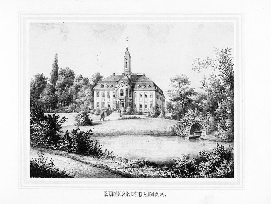 Schloss Reinhardtsgrimma um 1856 (F. Heise; G. A. Poenicke (Hrsg.)) / www.de.wikisource.org)