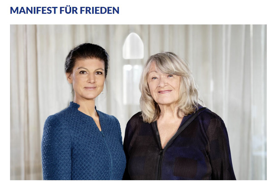 Frau Dr. Sahra Wagenknecht und Frau Alice Schwarzer (Pressefoto / Quelle: https://aufstand-fuer-frieden.de/manifest-fuer-frieden/)