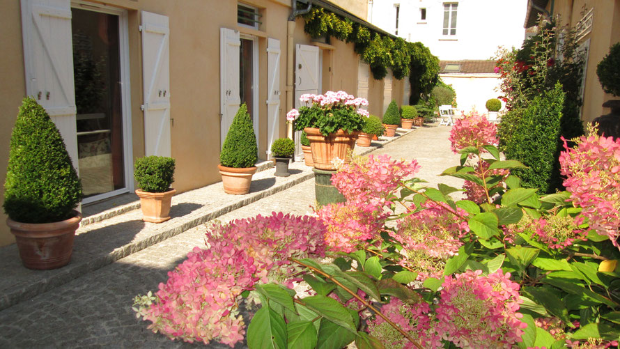 The private courtyard with box trees and flowers