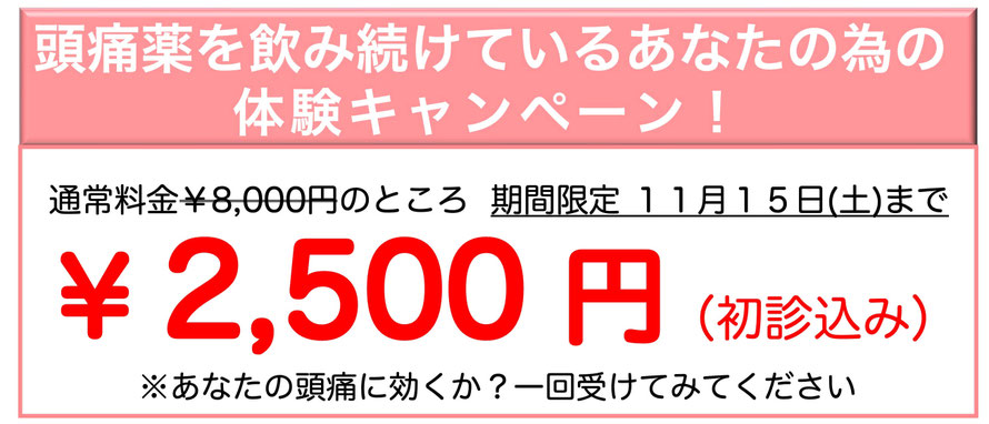 頭痛薬を飲み続けているあなたの為の体験キャンペーン!通常料金¥8,000円のところ期間限定11月15日(土)まで ¥2,500円(初診込み)※あなたの頭痛に効くか?一回受けてみてください
