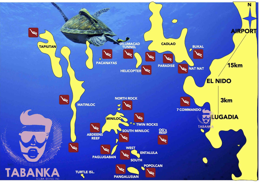 Dive Map of El Nido in north Palawan showing the best dive sites 2024 chosen by tabanka divers