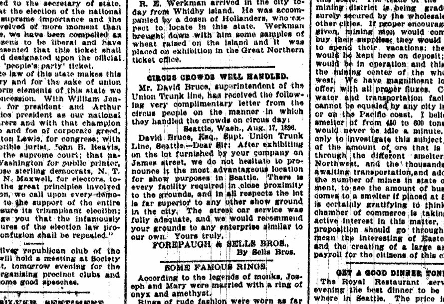 The Seattle Times, 1896, Mentions David Bruce and his occupation.