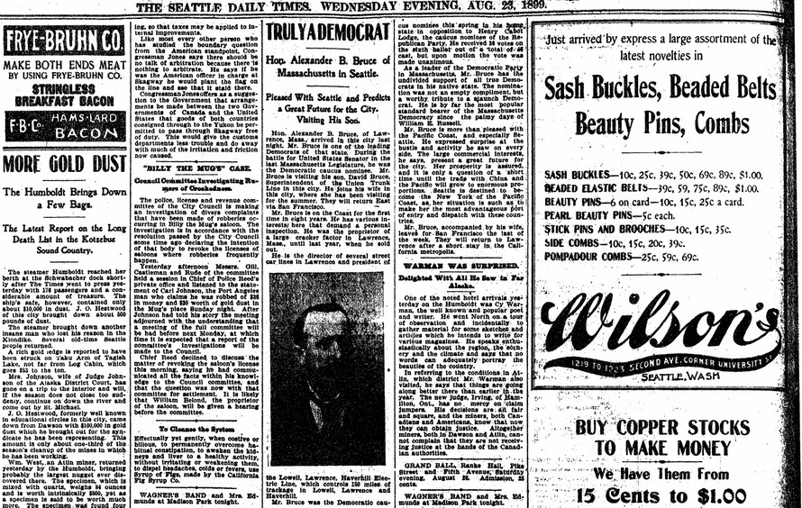 The Seattle Times, 1899, "Truly A Democrat" about David Bruce's father visiting Seattle.