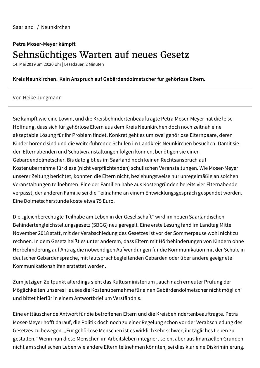 Saarbrücker Zeitung, Lokal Neunkirchen, vom 15. Mai 2019